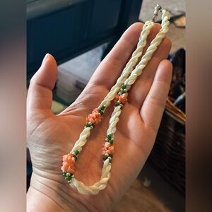 Vintage 1970s Carved Coral Flower & Mother of Pearl Twist Necklace • Green Jade